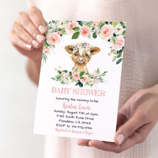 Invitation Baby shower de vache rose Floral Highland Invitati (Créateur téléchargé)