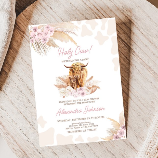 Invitation Baby shower de vache rose Highland (Girl Holy Cow Baby Shower Invitation)