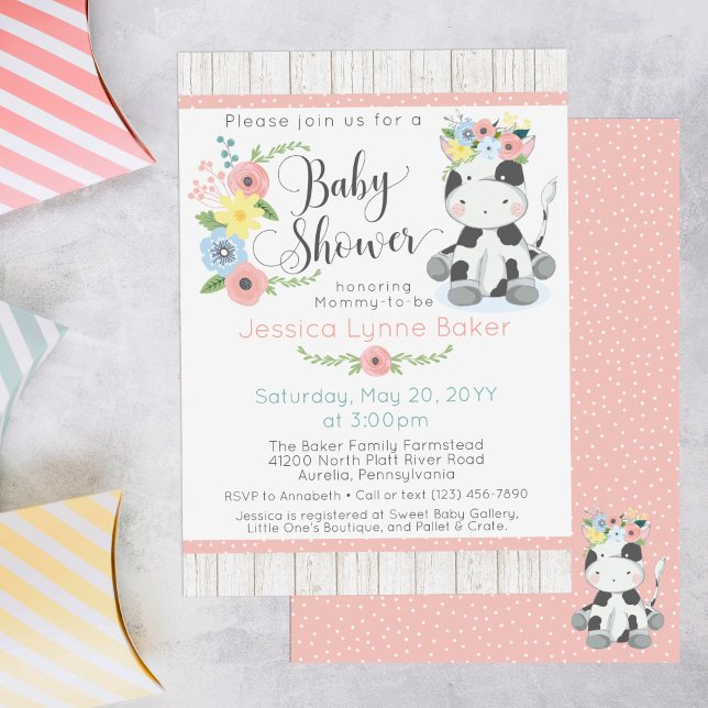 Invitation Baby shower de vache | Veau floral mignon sur bois (Créateur téléchargé)