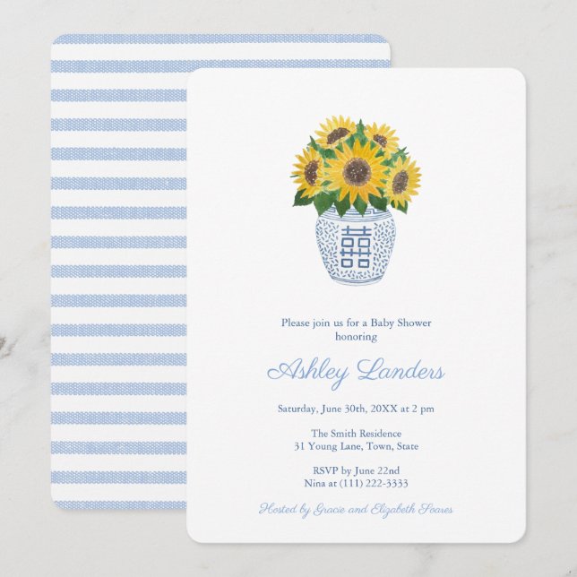 Invitation Baby shower De Vase Bleu Et Blanc Des Fleurs De So (Devant / Derrière)