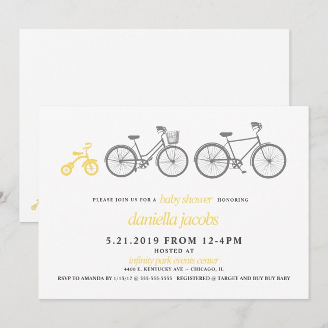 Invitation Baby shower de vélo jaune (Devant / Derrière)