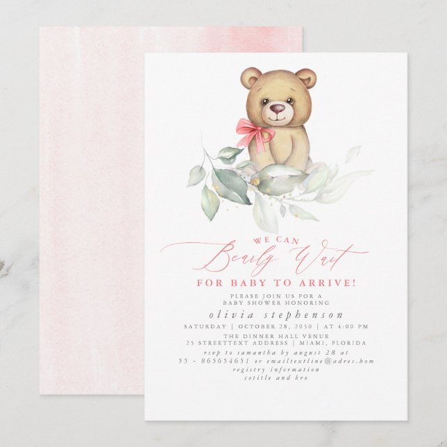 Invitation Baby shower de verdure à l'ours de fille (Devant / Derrière)