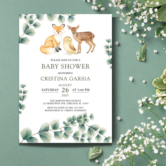Invitation Baby shower de verdure animale boisée (Créateur téléchargé)