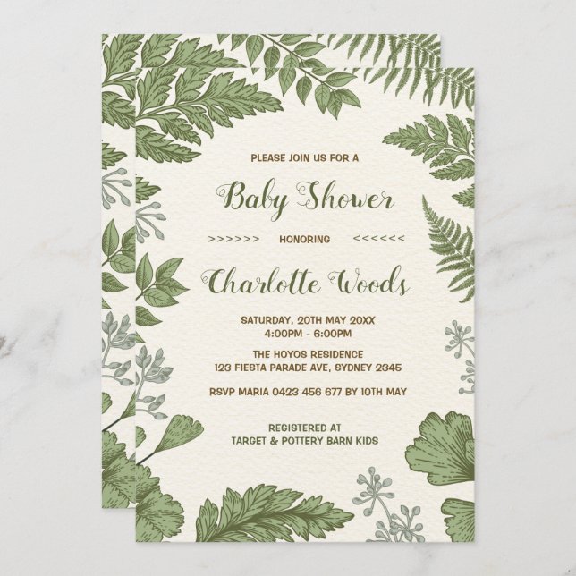 Invitation Baby shower de verdure botanique forêt d'invitatio (Devant / Derrière)