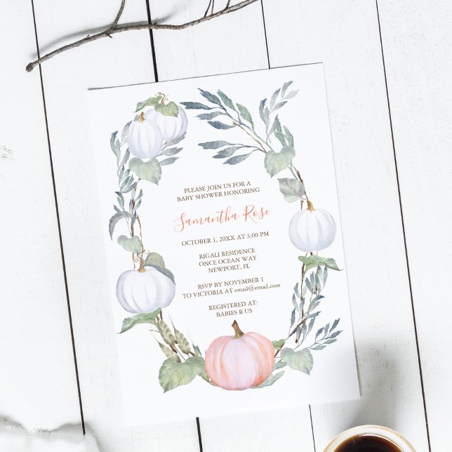 Invitation Baby shower de verdure CITROUILLE orange et blanc (Gender neutral baby shower invitations feature watercolor white and peach pumpkins. )