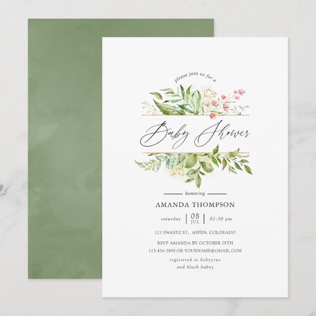 Invitation Baby shower de verdure cristal géométrique (Devant / Derrière)