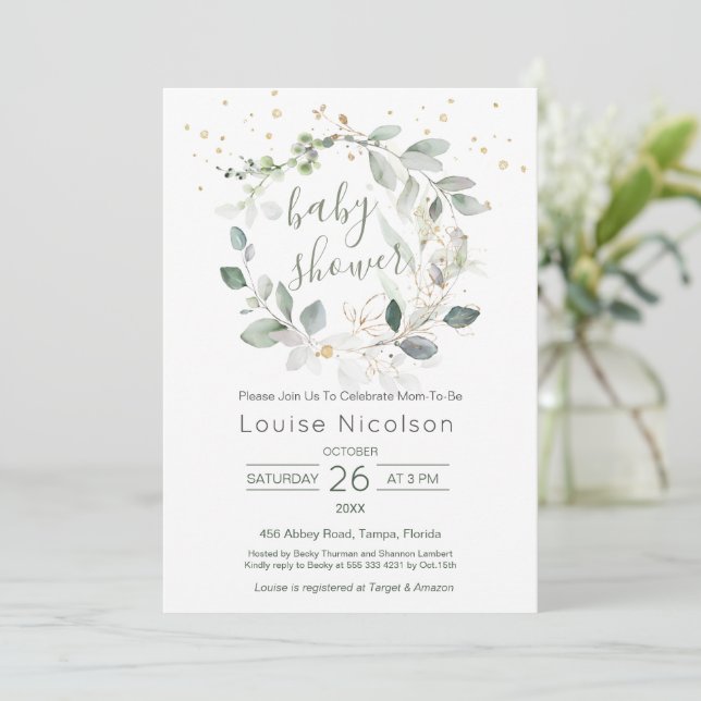 Invitation Baby shower de verdure d'aquarelle (Debout devant)