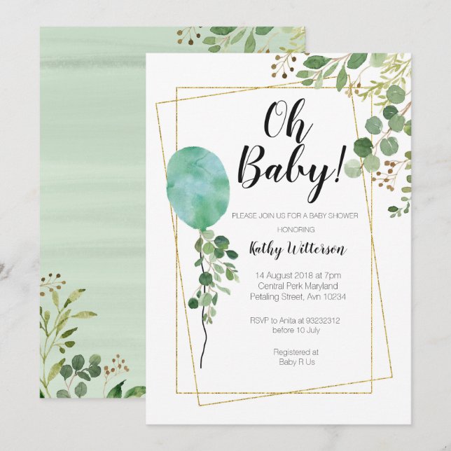 Invitation Baby shower de verdure d'aquarelle de ballon oh (Devant / Derrière)
