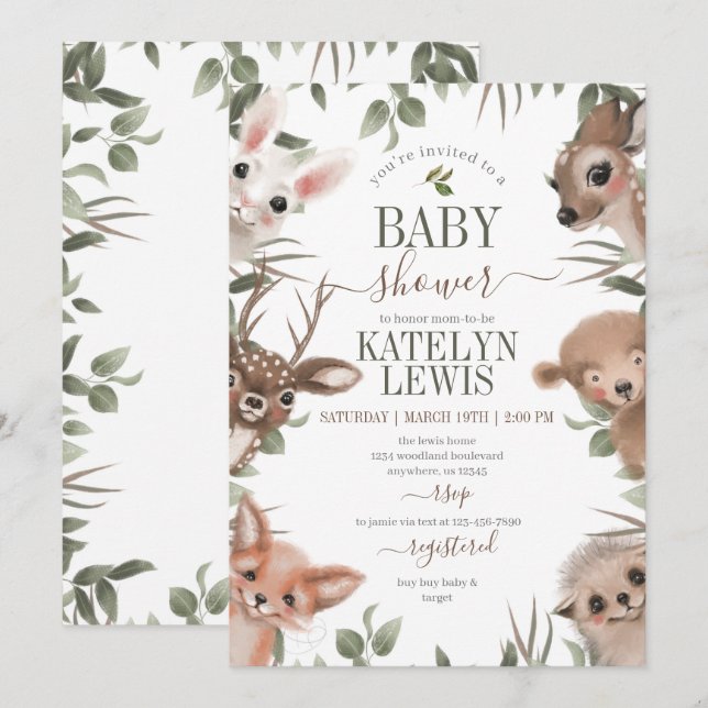 Invitation Baby shower de verdure des bois (Devant / Derrière)
