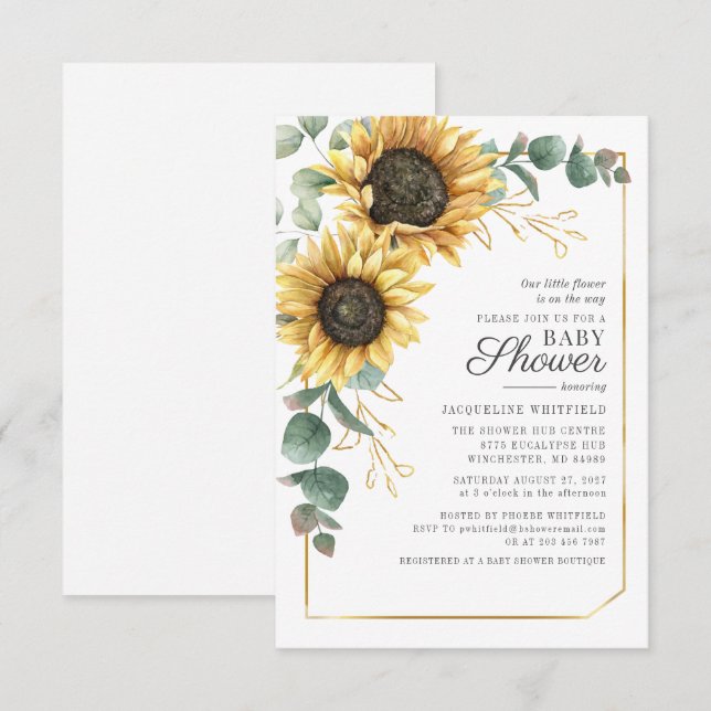 Invitation Baby shower de verdure fleuri de tournesol Eucalyp (Devant / Derrière)