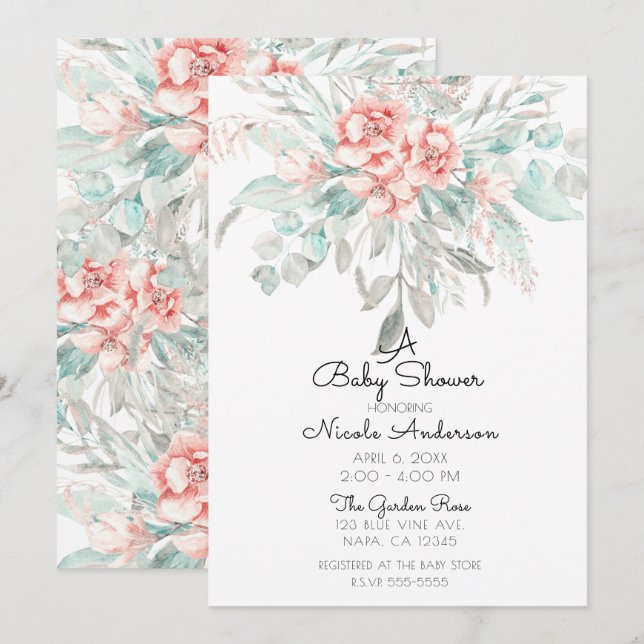Invitation Baby shower de verdure fleurie au printemps doux (Devant / Derrière)