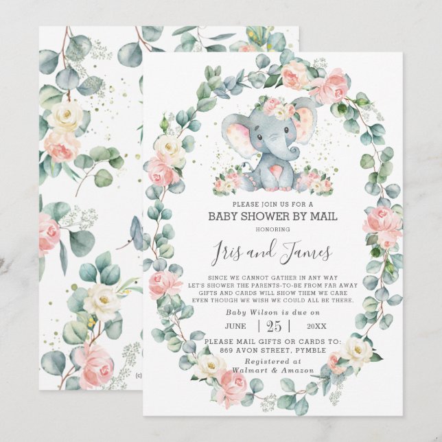 Invitation Baby shower de verdure fleurie éléphante par Mail  (Devant / Derrière)