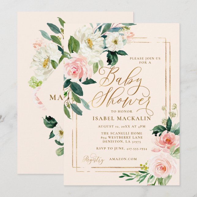Invitation Baby shower de verdure florale couleur rose pâle (Devant / Derrière)