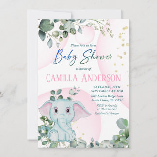 Invitation Baby shower de verdure moderne rose vif Eléphant