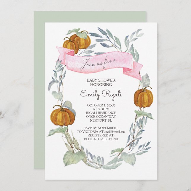 Invitation Baby shower de verdure rose Citrouille Automne (Devant / Derrière)