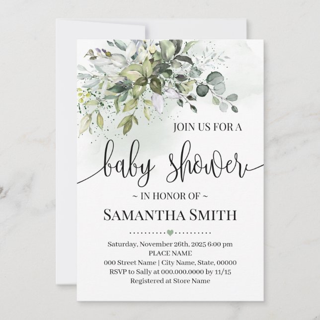 Invitation Baby shower de verdure succulent à l'Eucalyptus (Devant)