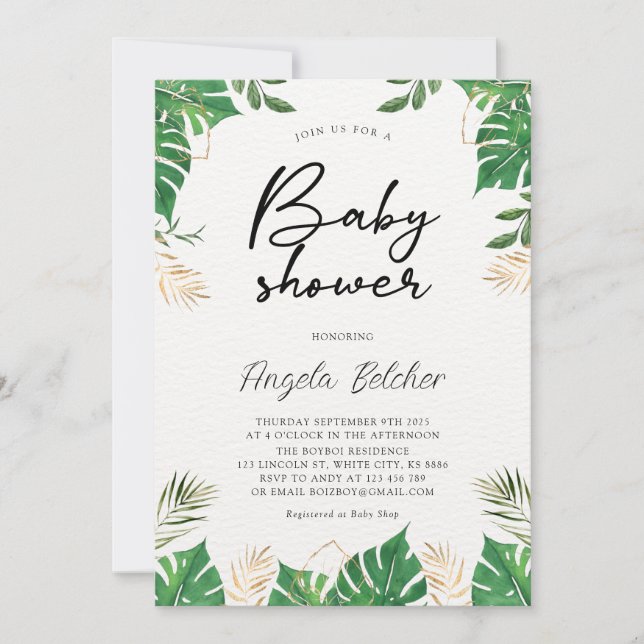 Invitation Baby shower de verdure tropicale (Devant)