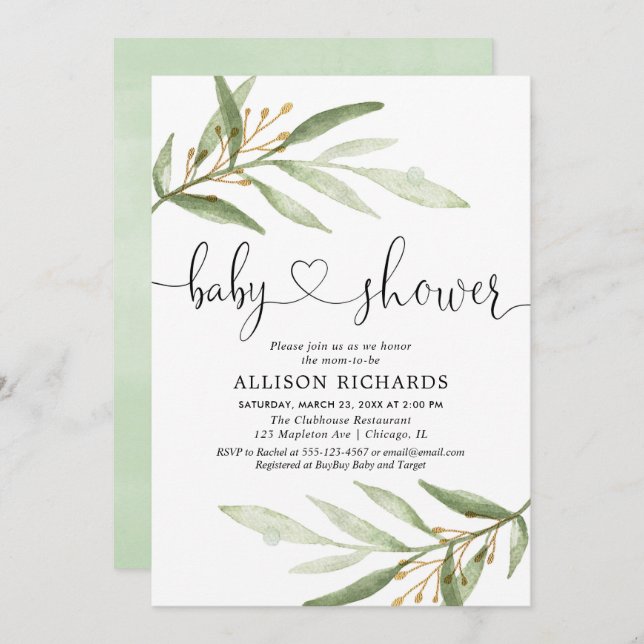Invitation baby shower de verdure verte et neutre pour les ho (Devant / Derrière)