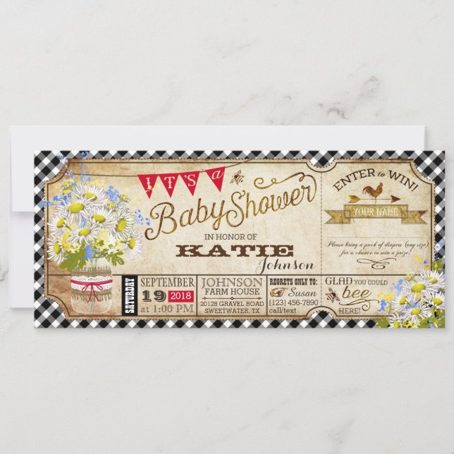 Invitation Baby shower de vérification de En vichy noir Daisy (Devant)
