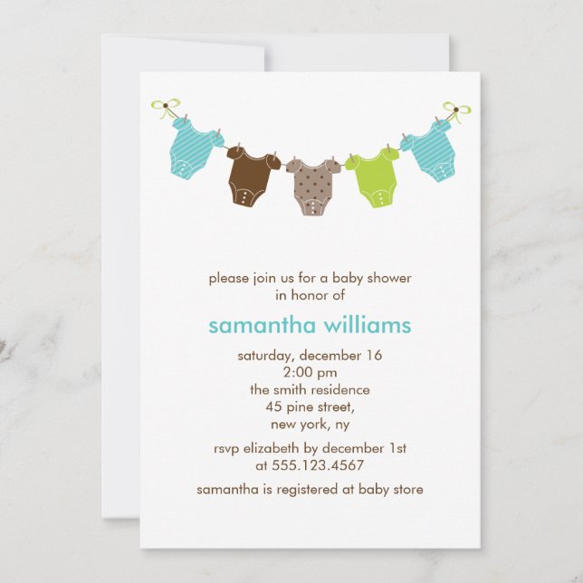 Invitation Baby shower de vêtements pour bébés verts et bleus (Devant)