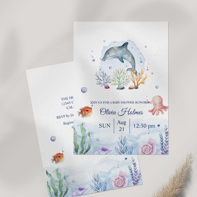 Invitation Baby shower de Vie marine Dauphin d'aquarelle (Watercolor Dolphin Sealife Baby Shower Invitation on table)