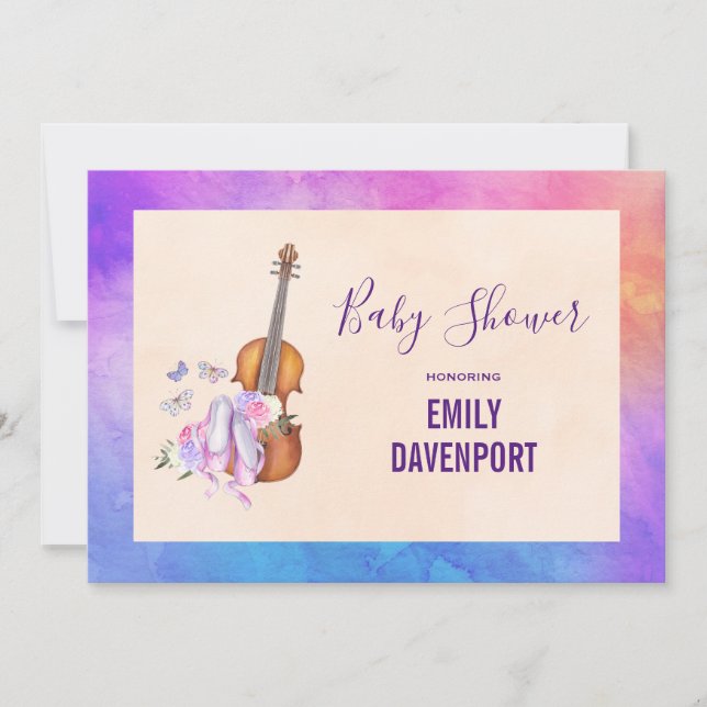 Invitation Baby shower de violon, de chaussures de ballet et  (Devant)