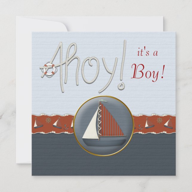 Invitation Baby shower de voilier bleu rouge (Devant)