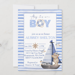 Invitation Baby shower de voilier de l'ours nautique bleu aqu
