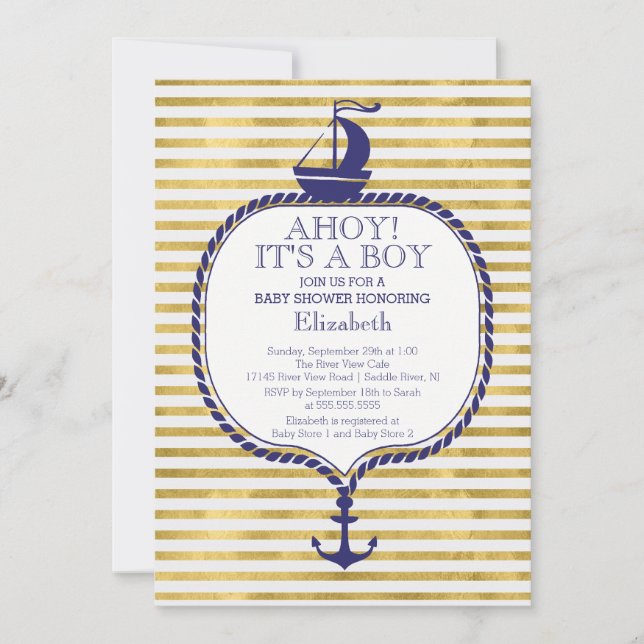 Invitation Baby shower de voilier moderne Nautical Gold Strib (Devant)