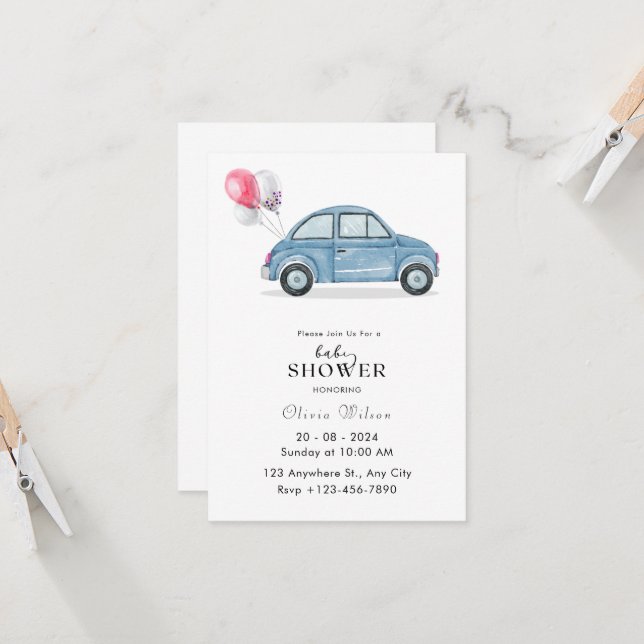 Invitation Baby shower de voiture bleu aquarelle simple (Devant/Arrière en situation)