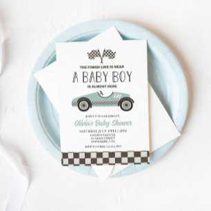 Invitation baby shower de voiture de course bleu