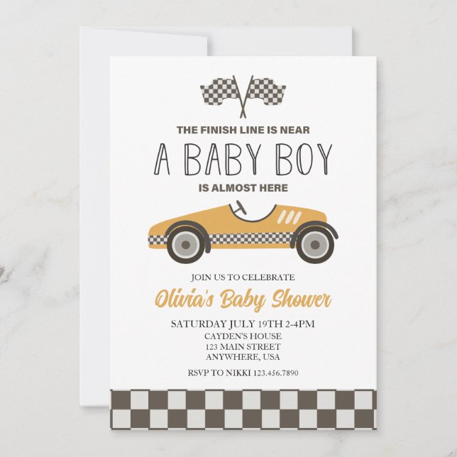 Invitation Baby shower de voiture de course jaune (Devant)