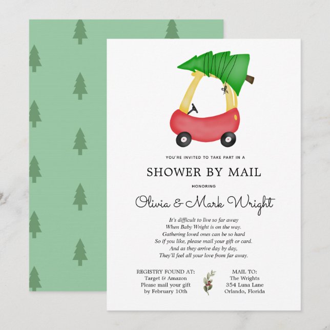 Invitation Baby shower de voiture rouge de Noël par courrier (Devant / Derrière)