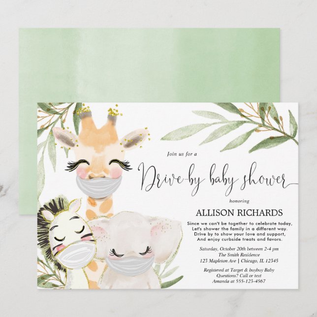 Invitation Baby shower de voiture safari animaux de sexe neut (Devant / Derrière)