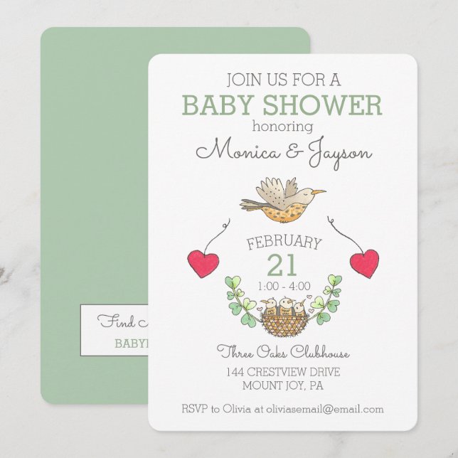 Invitation Baby shower de vol doux Mama Bird Green (Devant / Derrière)