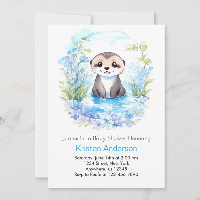 Invitation Baby shower de Whimsy Boy Floral Bleu Otterly (Devant)