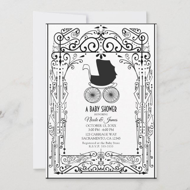 Invitation Baby shower Déco de transport Vintage noir et blan (Devant)