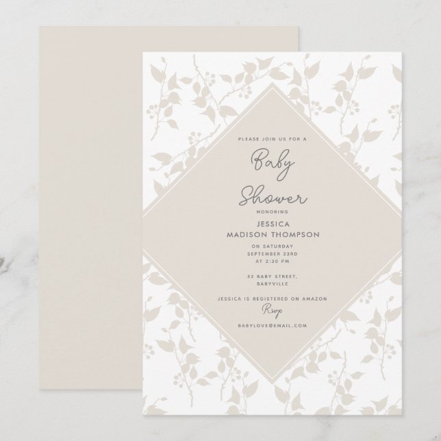 Invitation Baby shower décoratif en feuille beige botanique (Devant / Derrière)