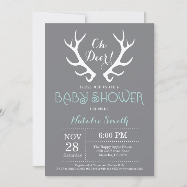 Invitation Baby shower Deer Antler Grey et Aqua (Devant)