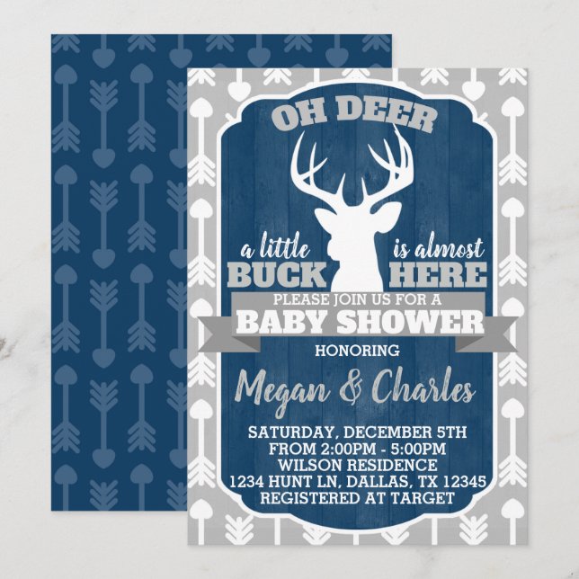 Invitation Baby shower Deer Antler Navy Grey (Devant / Derrière)