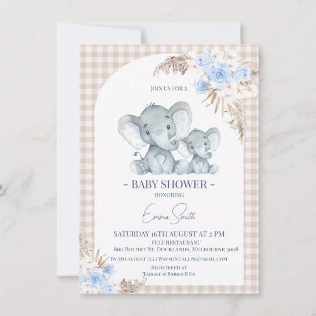 Invitation Baby shower d'éléphant à arc floral bleu (Devant)