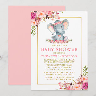 Invitation Baby shower d'éléphant à cadre d'or rose