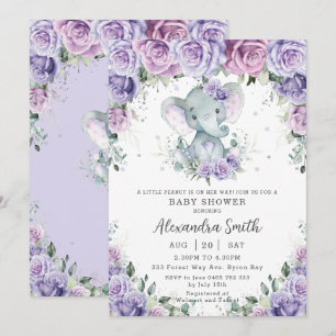 Invitation Baby shower d'éléphant adorable à fleurs mauves