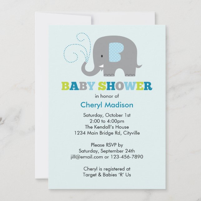 Invitation Baby shower d'éléphant - bleu (Devant)