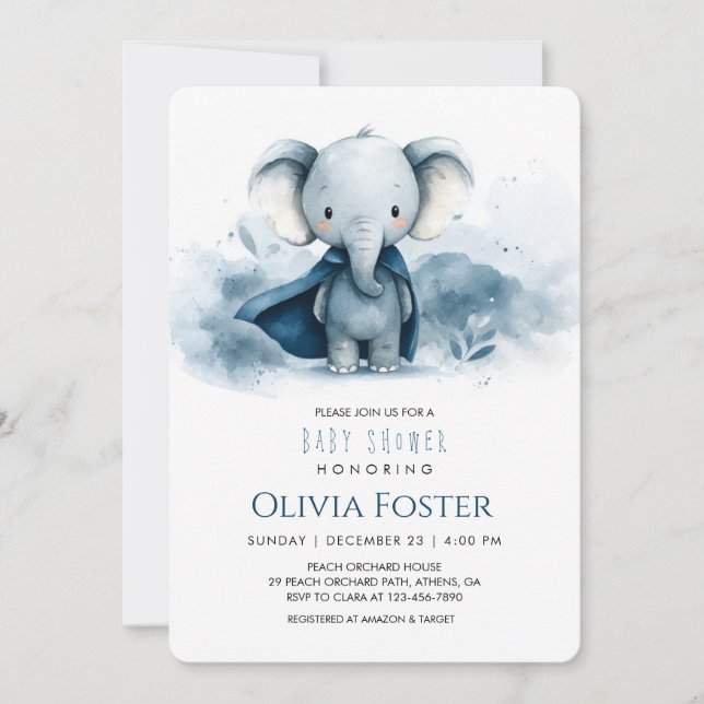 Invitation Baby shower d'éléphant bleu Aquarelle (Devant)