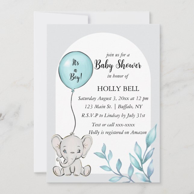 Invitation Baby shower d'éléphant bleu Aquarelle (Devant)