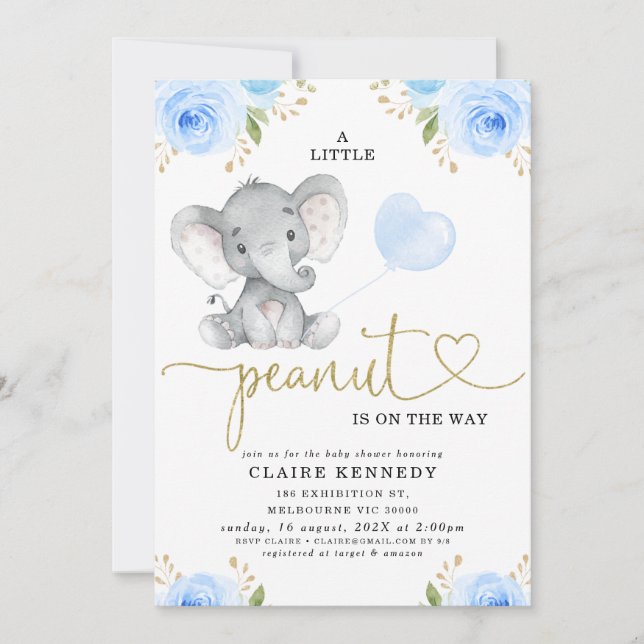 Invitation Baby shower d'éléphant d'arachide flora (Devant)