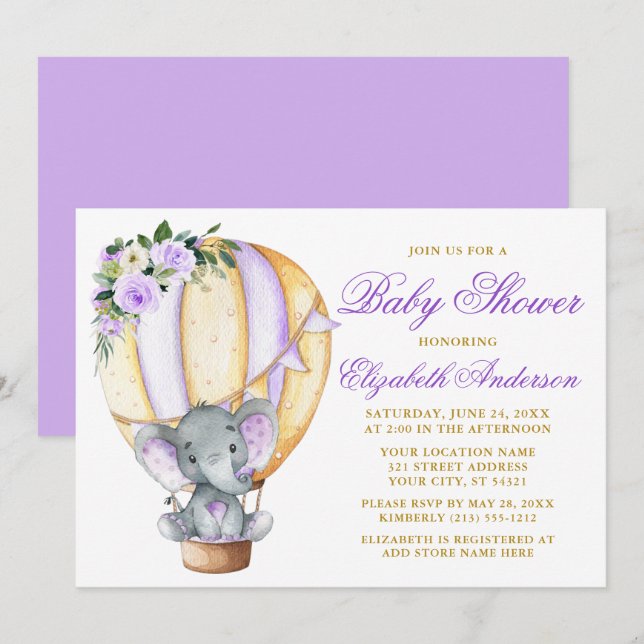 Invitation Baby shower d'éléphant de ballons floraux violet (Devant / Derrière)