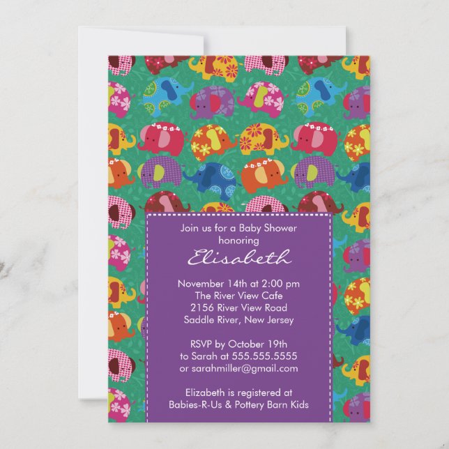 Invitation Baby shower d'éléphant de Mod Purple (Devant)