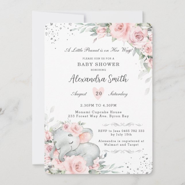 Invitation Baby shower d'éléphant doux rose floral adorable (Devant)